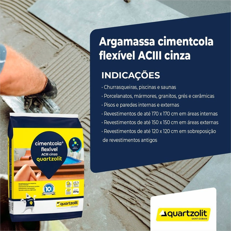 Cimentcola Ac3 Argamassa Flexível 20 Kg Cinza Quartzolit