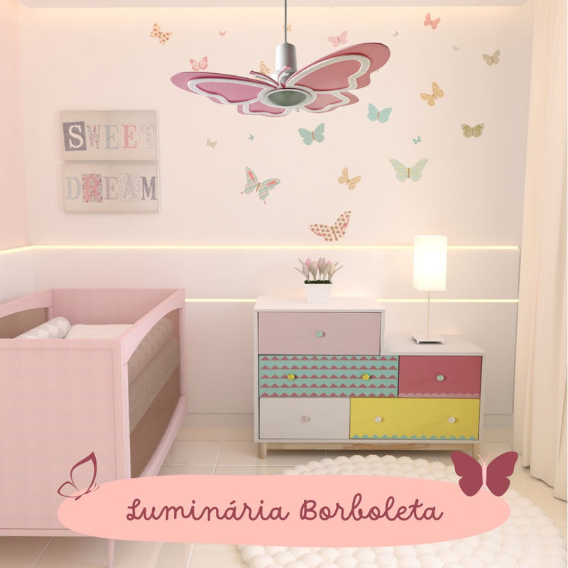 Luminária Borboleta Rosa Pendente Quarto infantil lustre decoração quarto de menina pendente branco