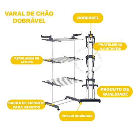 Varal De Chão Roupa Calcinha Prateleiras 3 Andares Dobrável Portátil